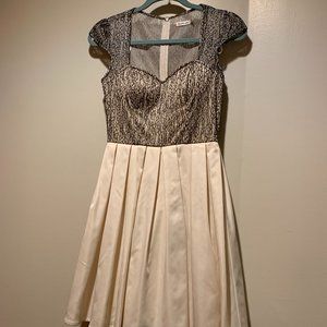 Cream Pleated and Lace with Cap Sleeve Formal Dress